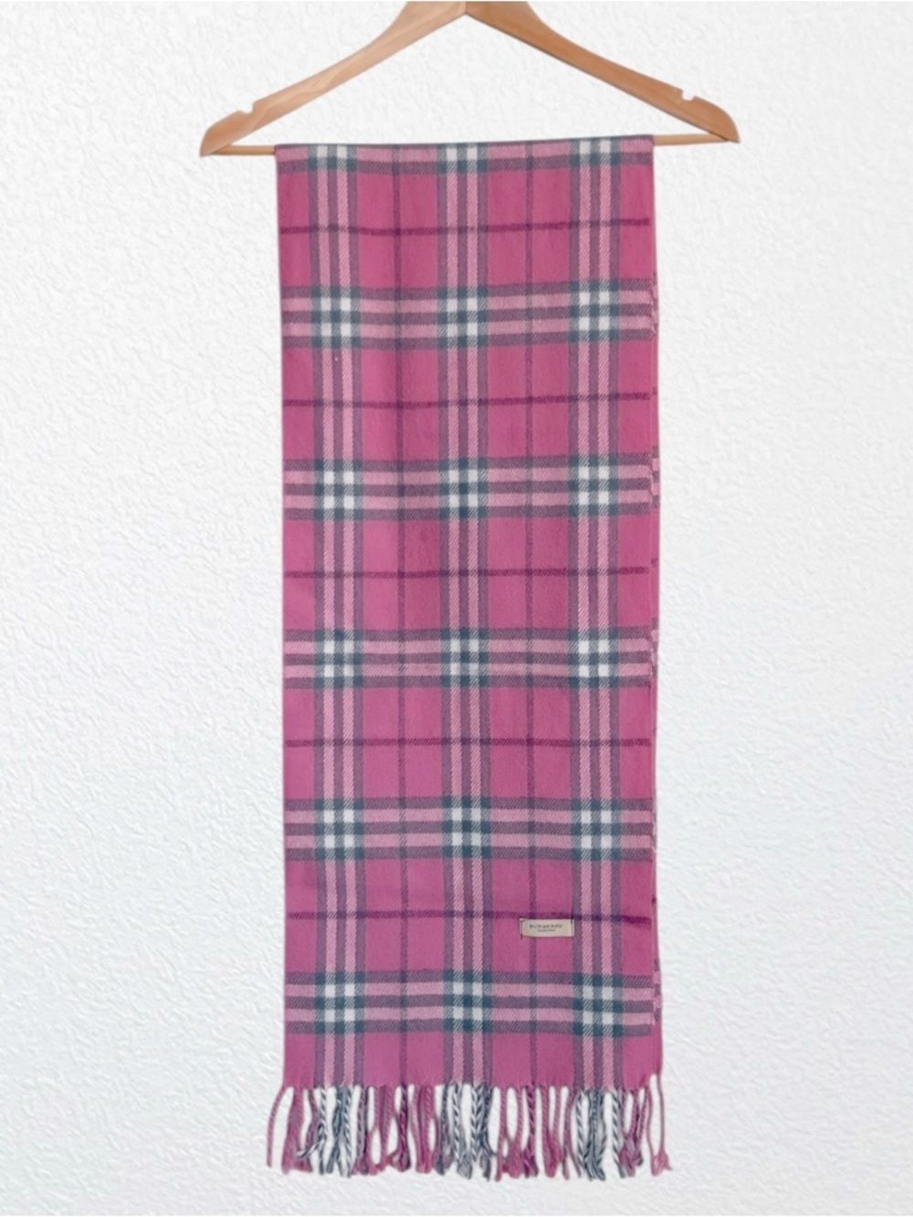 Burberry London Cashmere Wool Blend Hot Pink Tartan Plaid Fringed OSFM